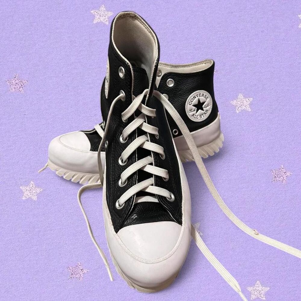 Black leather platform high top Converse